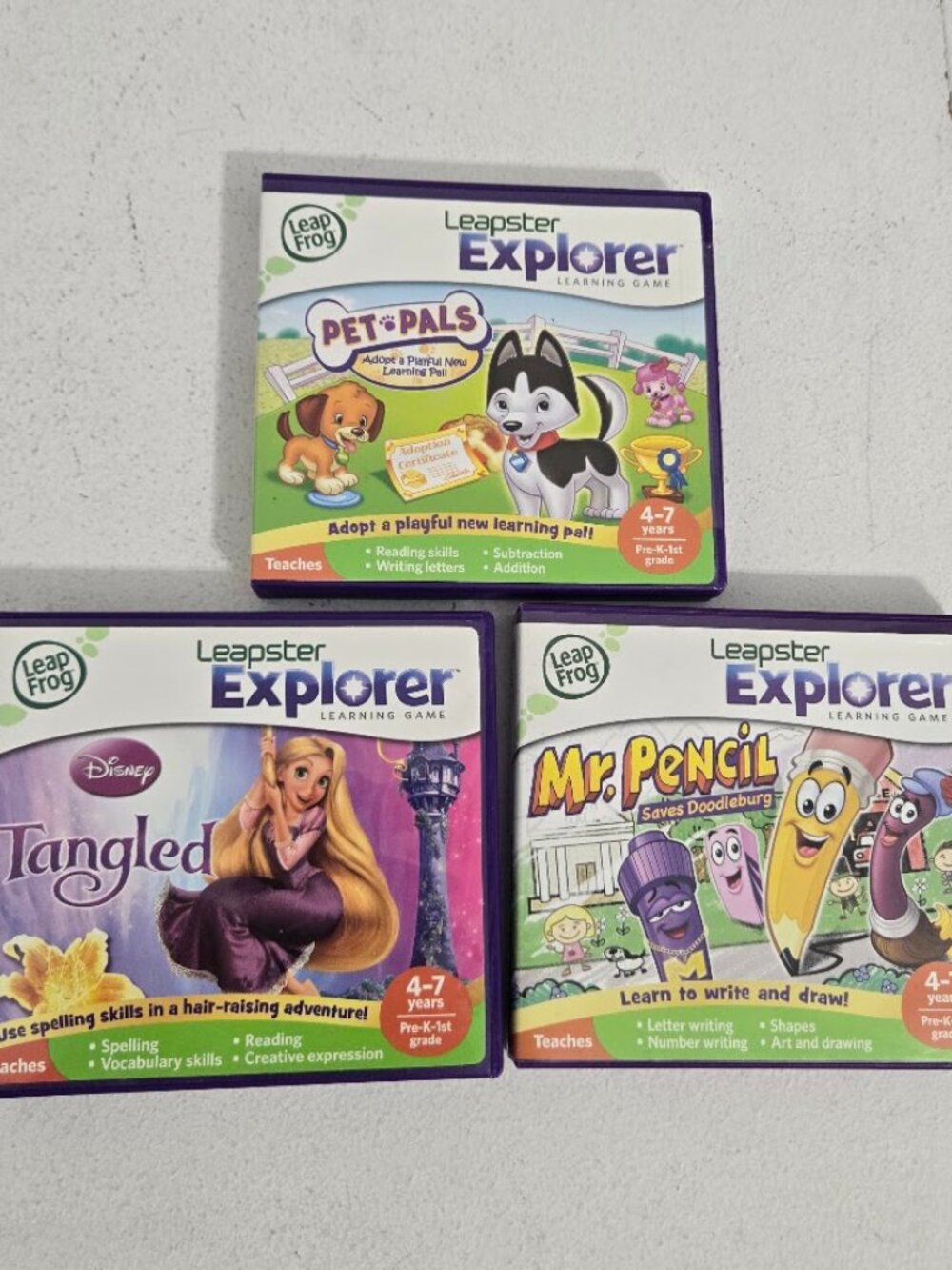 Lot Of 4 LeapFrog Leapster Explorer Learning Games Tangled Mr Pencil Pet Pals